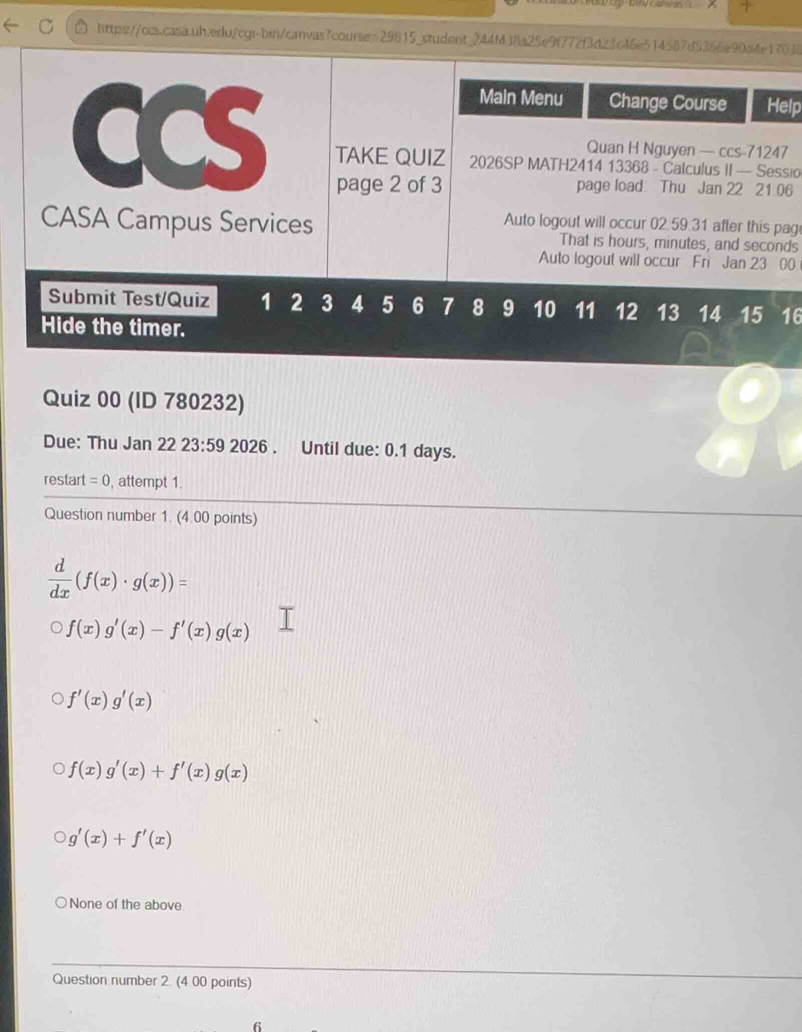 quiz 00 (id 780232) due: thu jan 22 23:59 2026. until due: 0.1 days. re…