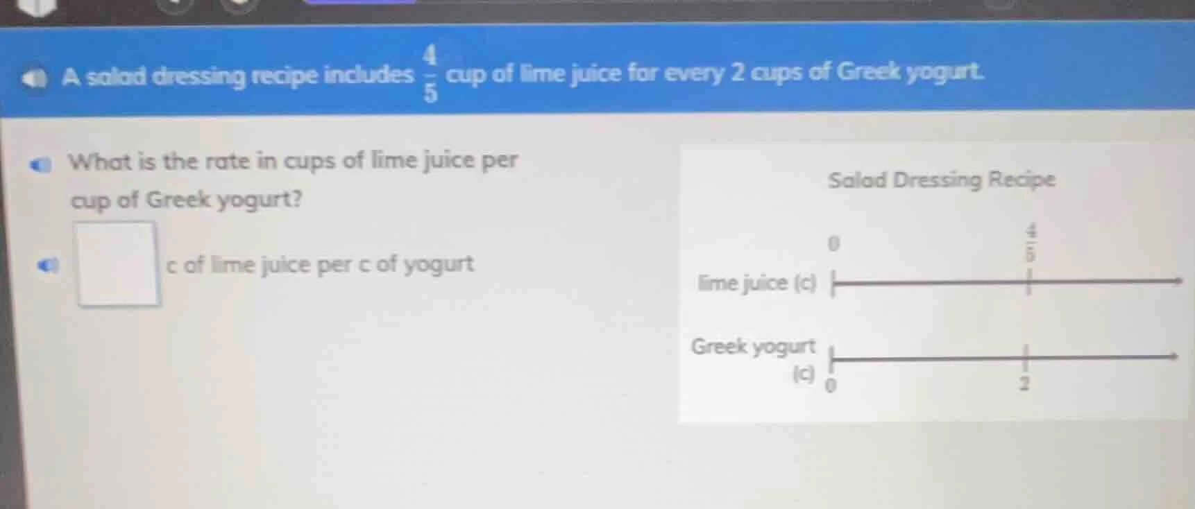 a salad dressing recipe includes \\(\\frac{4}{5}\\) cup of lime juice f…