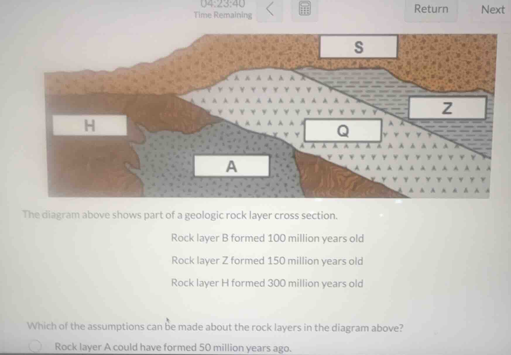 the diagram above shows part of a geologic rock layer cross section. ro…