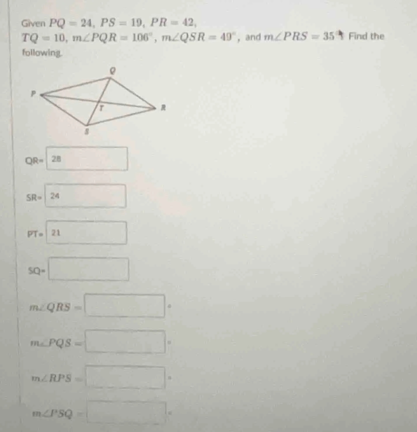 given ( pq = 24 ), ( ps = 19 ), ( pr = 42 ), ( tq = 10 ), ( mangle pqr …