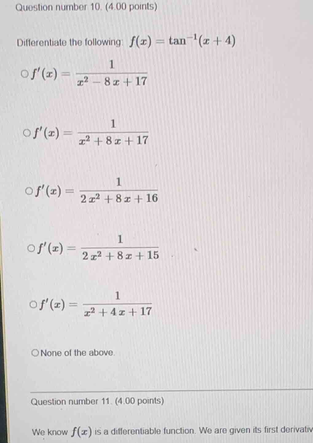 question number 10. (4.00 points) differentiate the following: $f(x) = …