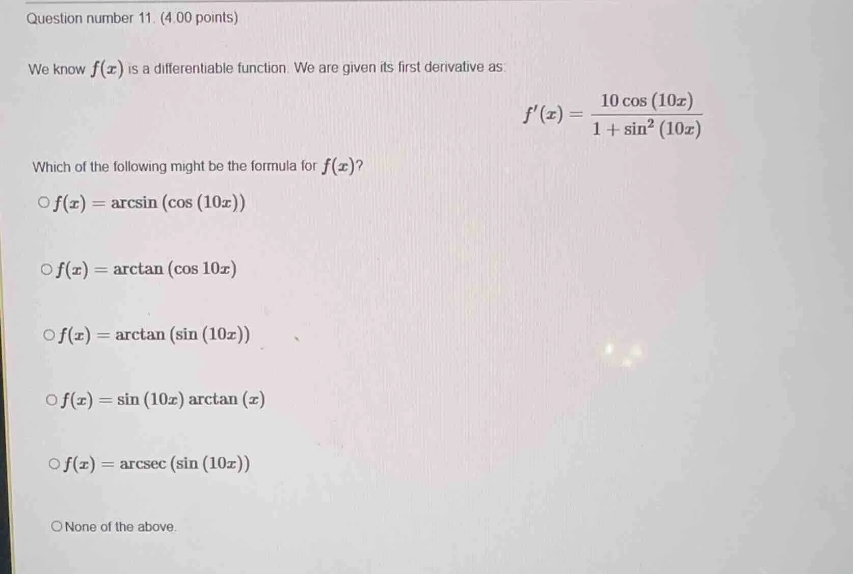 question number 11. (4.00 points) we know $f(x)$ is a differentiable fu…
