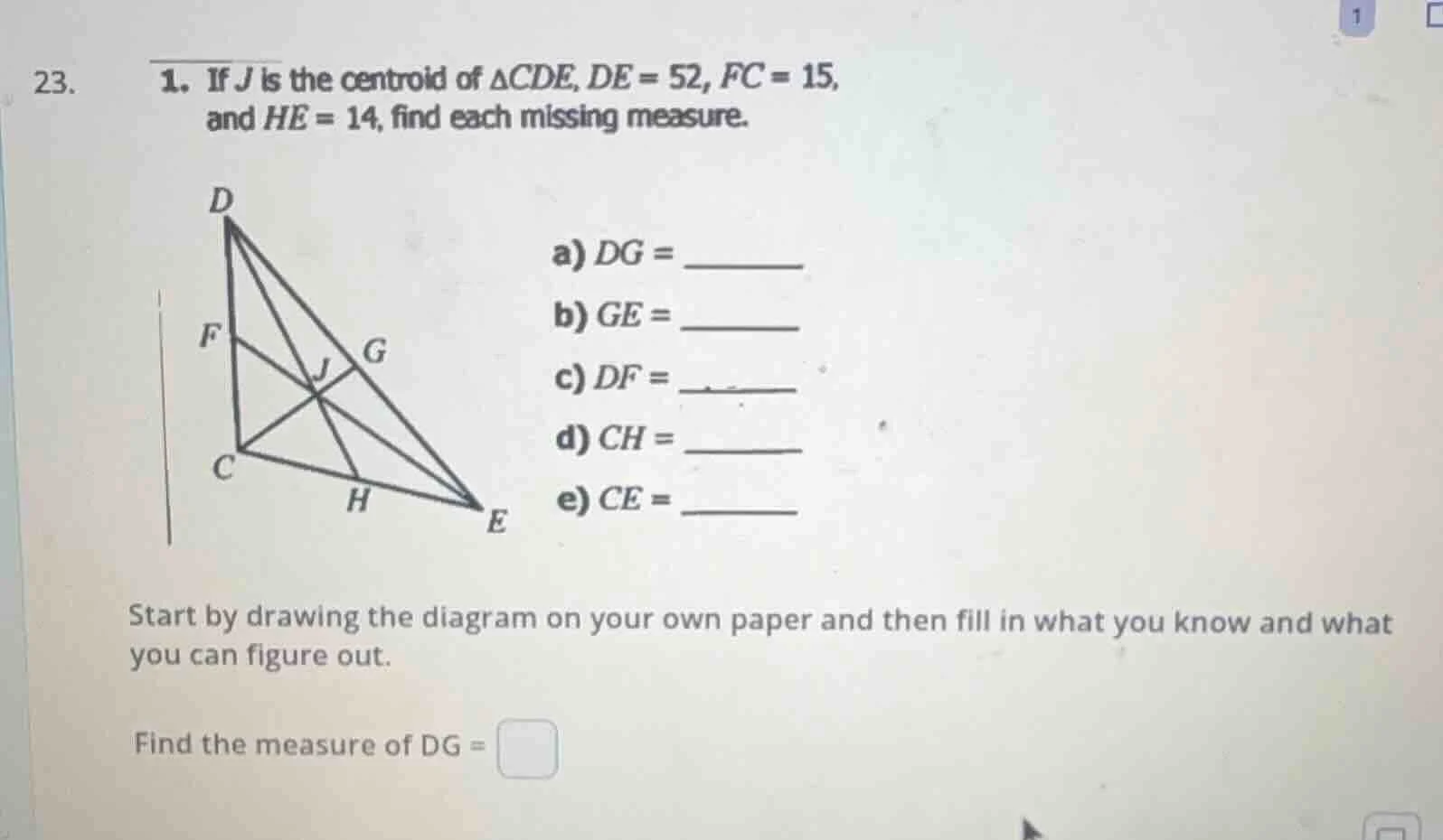23. 1. if j is the centroid of $\\triangle cde$, $de = 52$, $fc = 15$, …