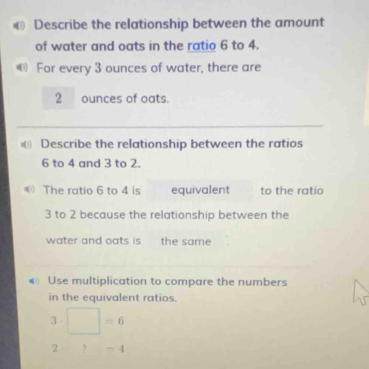 describe the relationship between the amount of water and oats in the r…