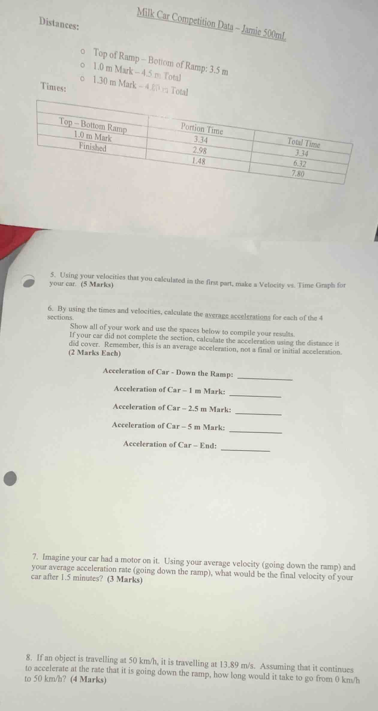 milk car competition data - jamie 500ml distances: - top of ramp – bott…