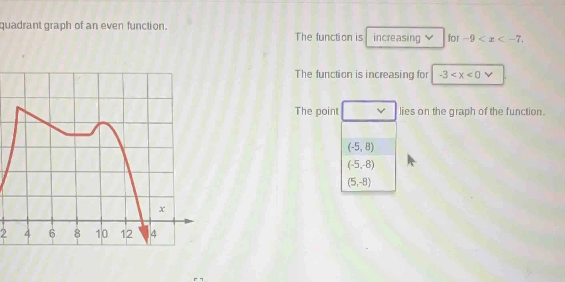 quadrant graph of an even function. the function is increasing for $-9 …