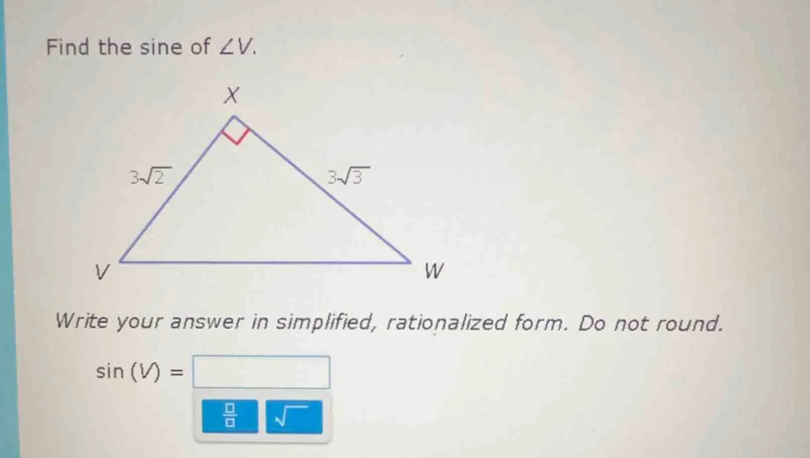 find the sine of $\\angle v$. write your answer in simplified, rational…