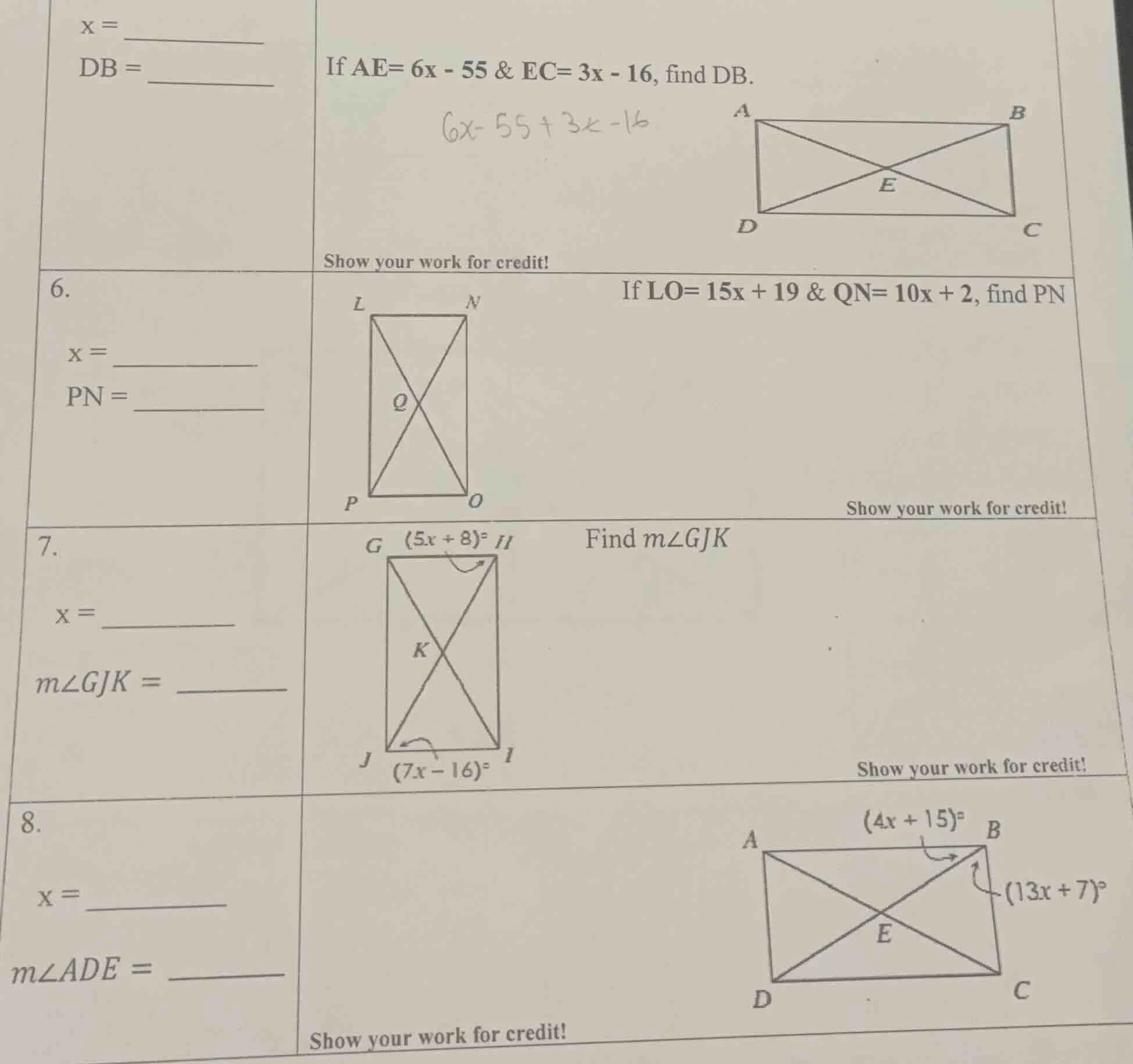 x = db = if ae= 6x - 55 & ec= 3x - 16, find db. 6x - 55 + 3x - 16 show …