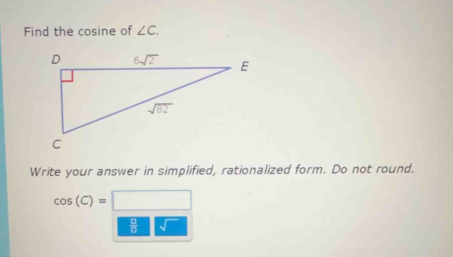 find the cosine of $\\angle c$. write your answer in simplified, ration…