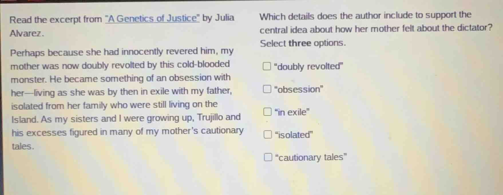 read the excerpt from \a genetics of justice\ by julia alvarez. perhaps…