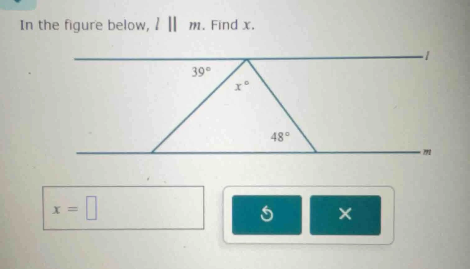 in the figure below, ( l parallel m ). find ( x ).