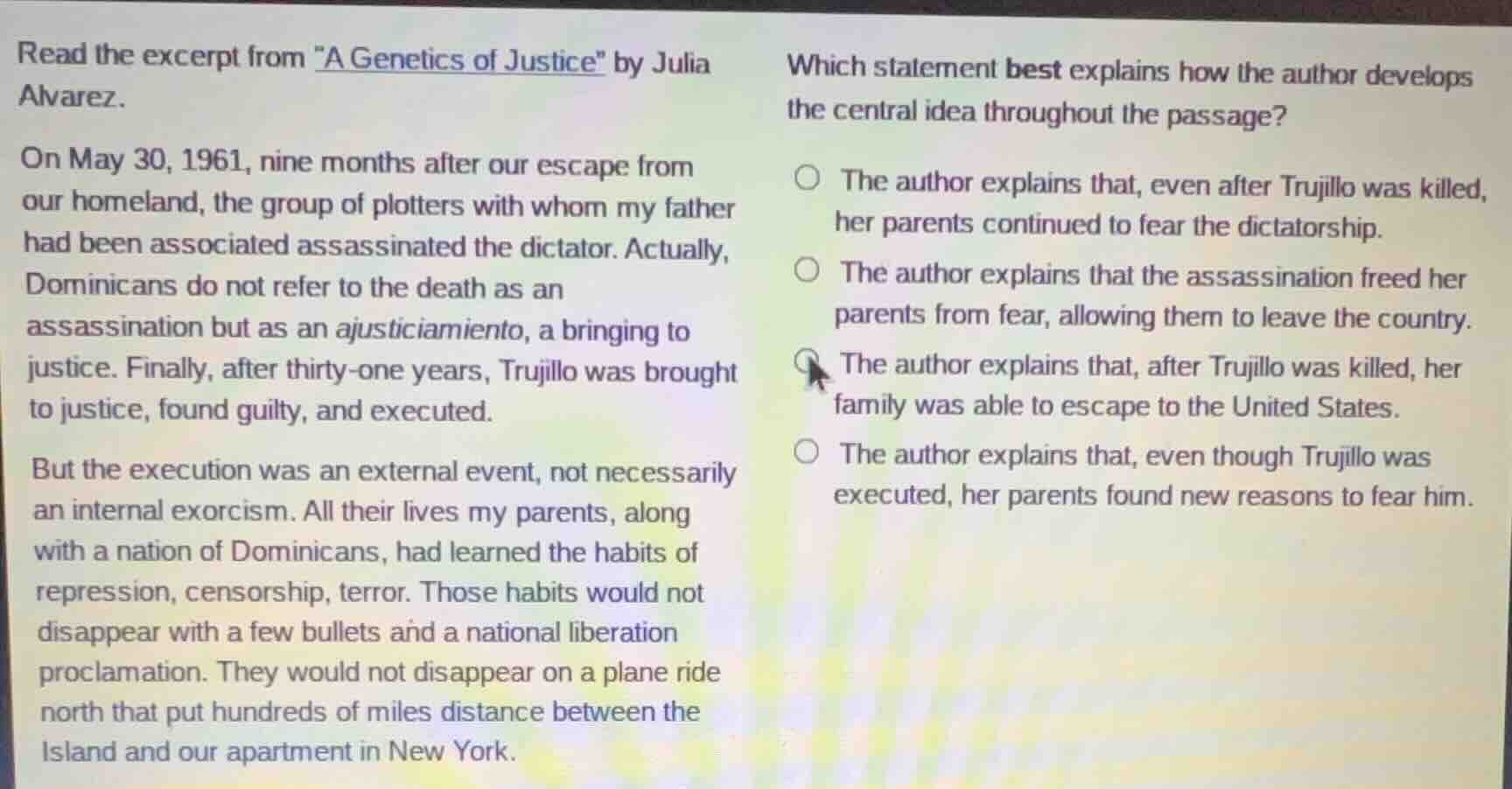 read the excerpt from \a genetics of justice\ by julia alvarez. on may …
