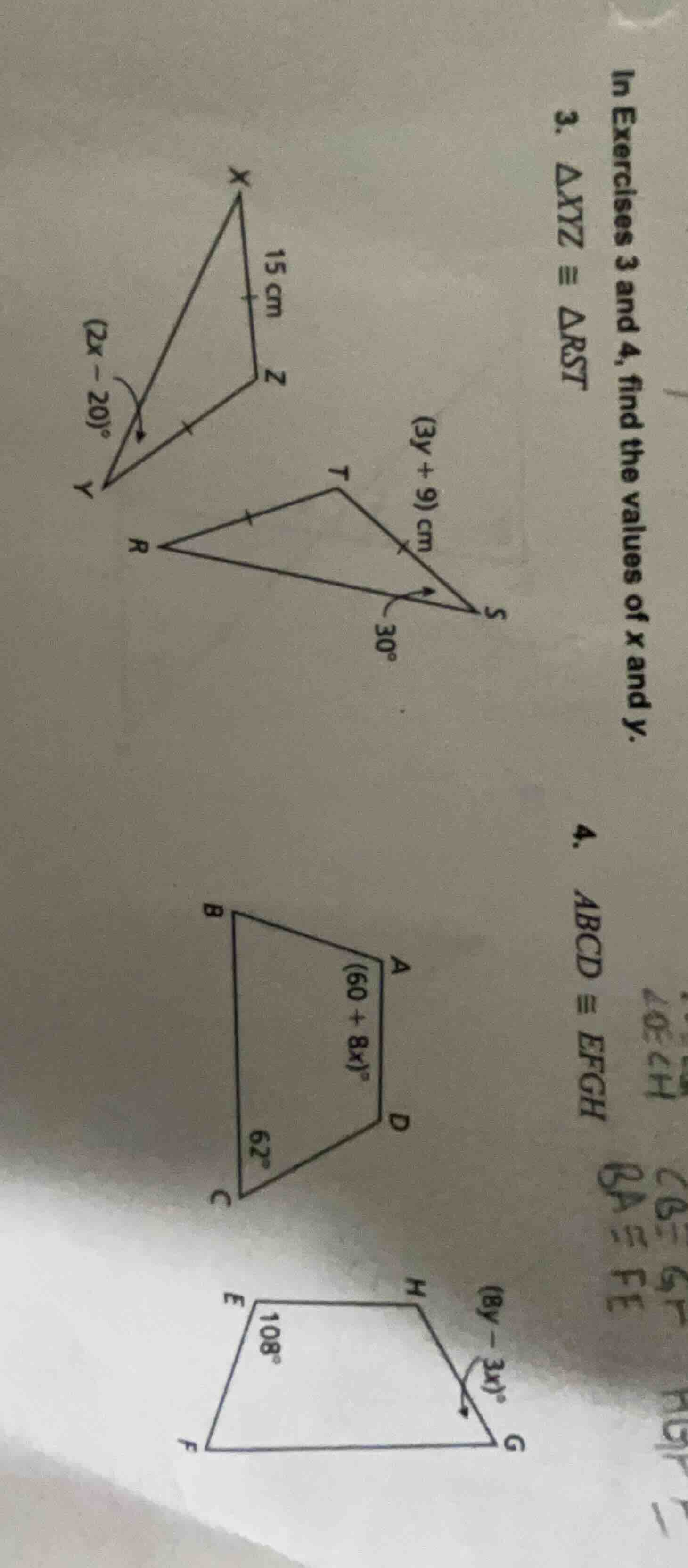 in exercises 3 and 4, find the values of x and y. 3. ( \triangle xyz co…