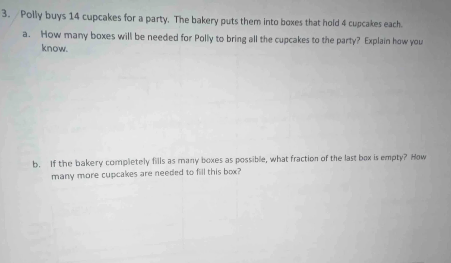 3. polly buys 14 cupcakes for a party. the bakery puts them into boxes …
