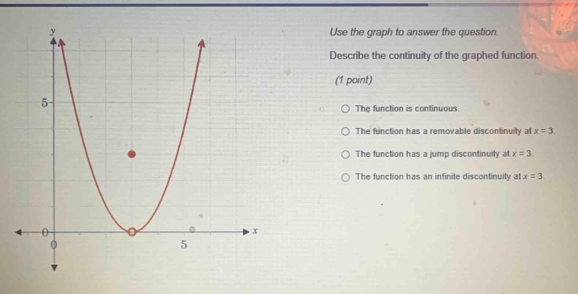 use the graph to answer the question. describe the continuity of the gr…