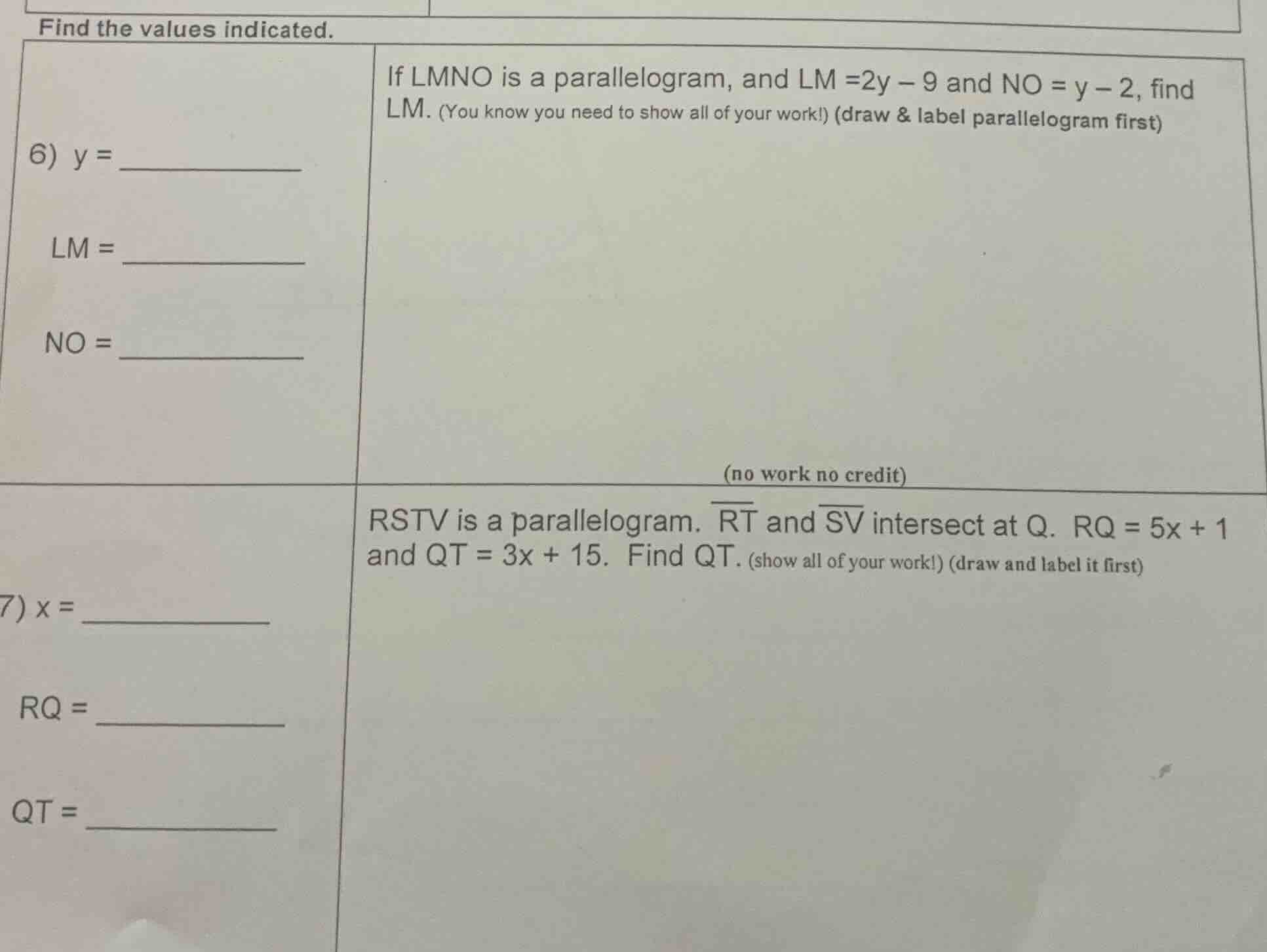 find the values indicated. 6) y = lm = no = if lmno is a parallelogram,…