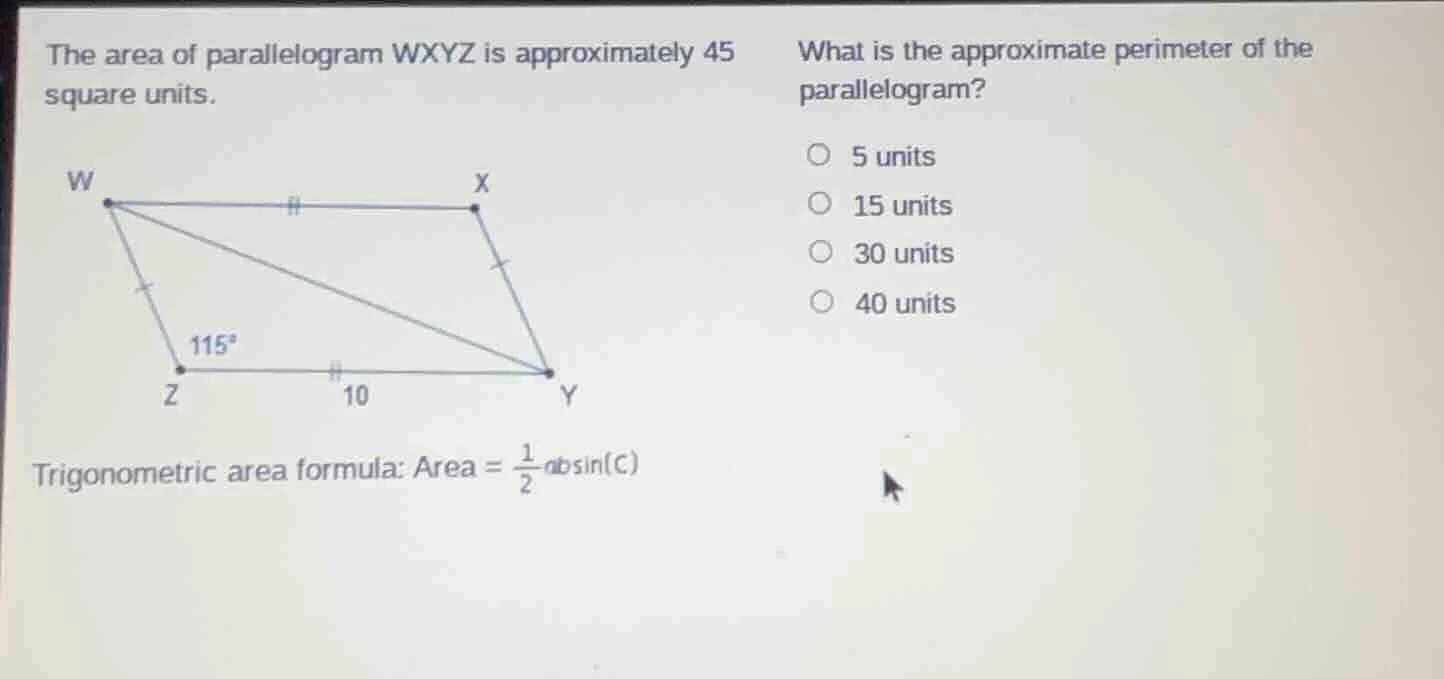 the area of parallelogram wxyz is approximately 45 square units. trigon…