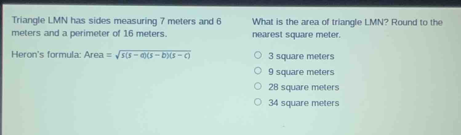 triangle lmn has sides measuring 7 meters and 6 meters and a perimeter …
