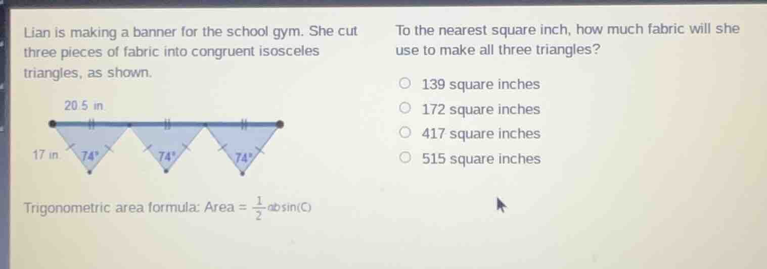 lian is making a banner for the school gym. she cut three pieces of fab…