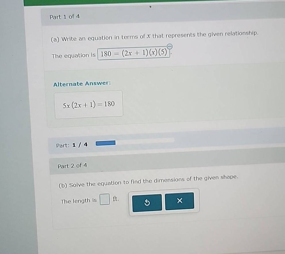 part 1 of 4 (a) write an equation in terms of x that represents the giv…