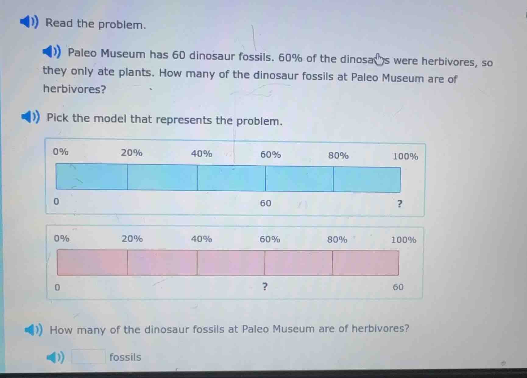 read the problem. paleo museum has 60 dinosaur fossils. 60% of the dino…
