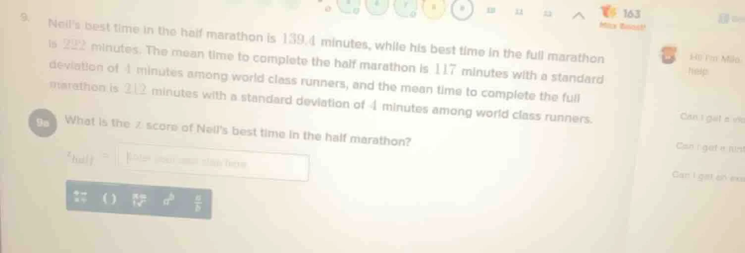 9. neils best time in the half marathon is 139.4 minutes, while his bes…