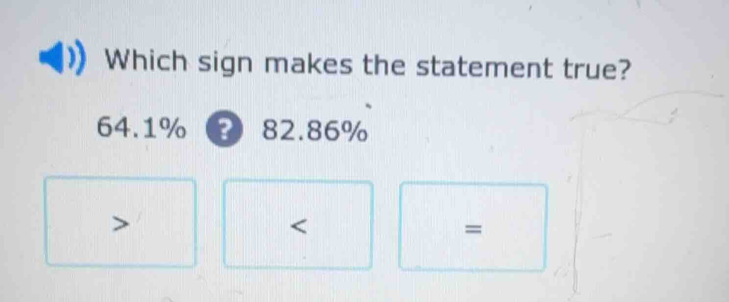which sign makes the statement true? 64.1%? 82.86% > < =