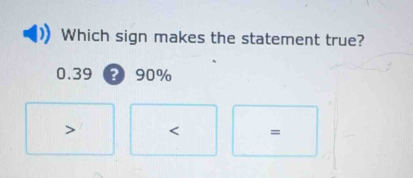 which sign makes the statement true? 0.39? 90% > < =