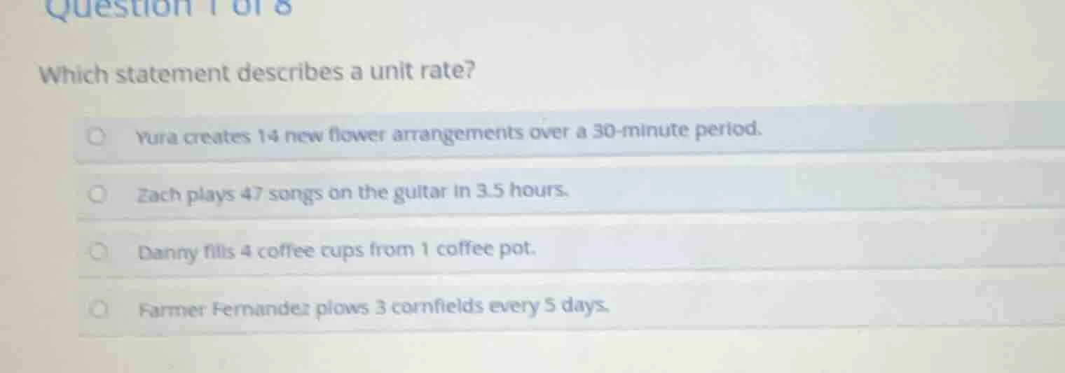 question 1 of 8 which statement describes a unit rate? yura creates 14 …