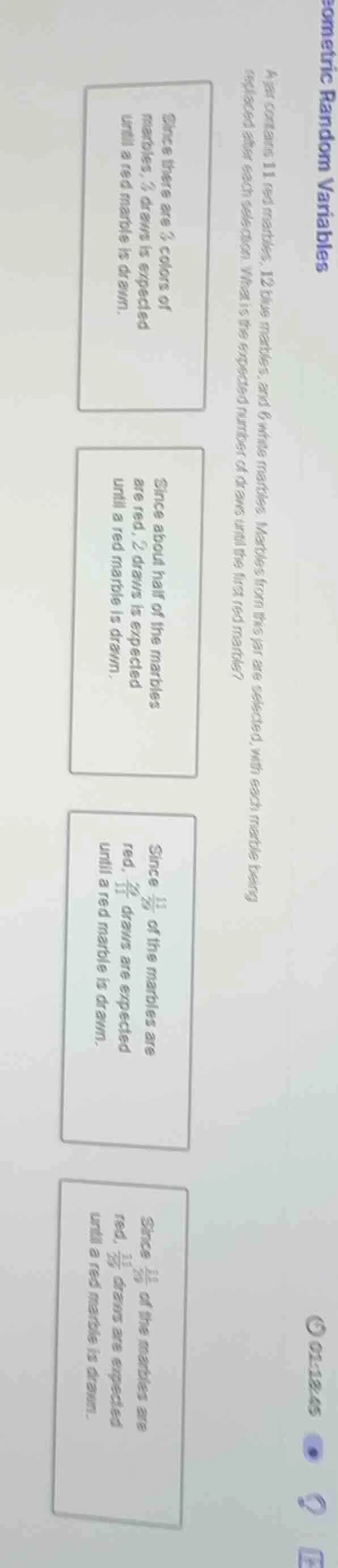 a jar contains 11 red marbles, 12 blue marbles, and 6 white marbles. ma…