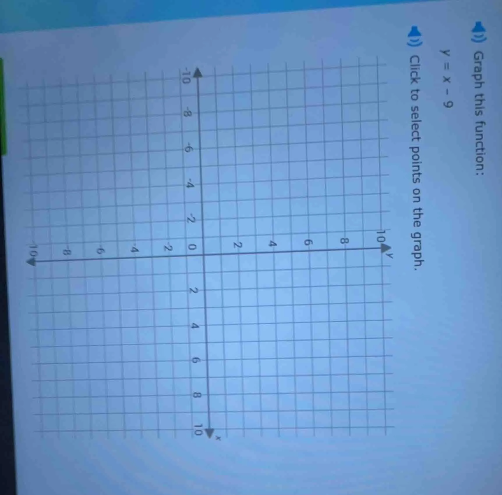 graph this function: $y = x - 9$ click to select points on the graph.