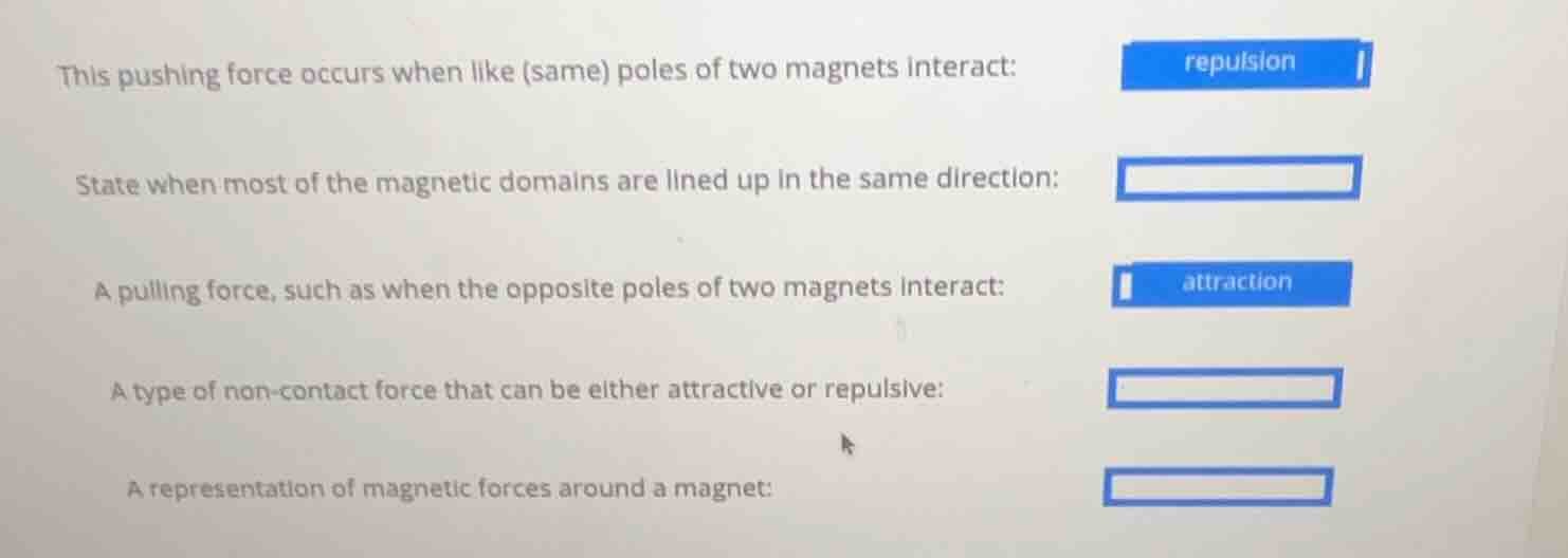 this pushing force occurs when like (same) poles of two magnets interac…