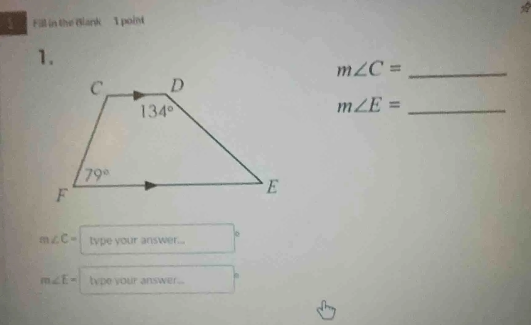fill in the blank 1 point 1. $m\\angle c = \\underline{\\quad\\quad}$ $…