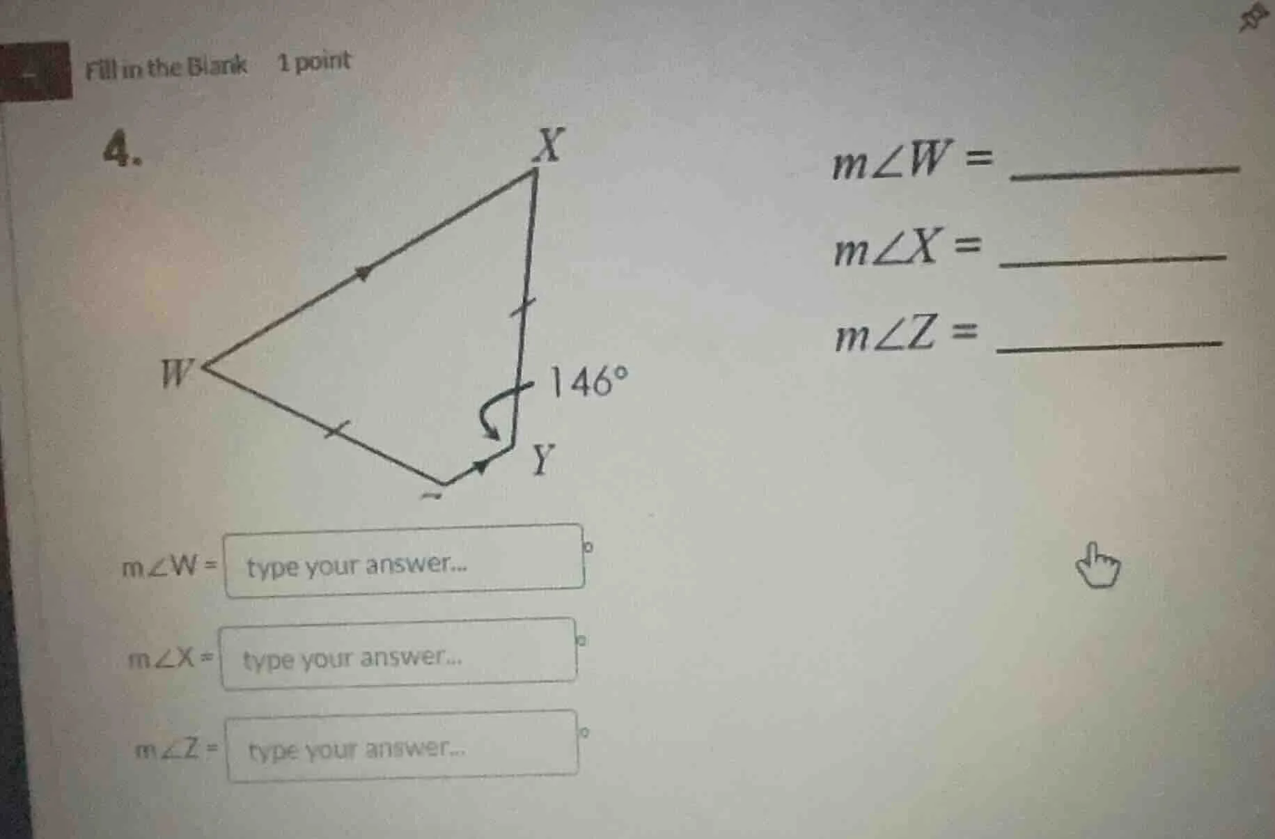 fill in the blank 1 point 4. $m\\angle w = $ $m\\angle x = $ $m\\angle …