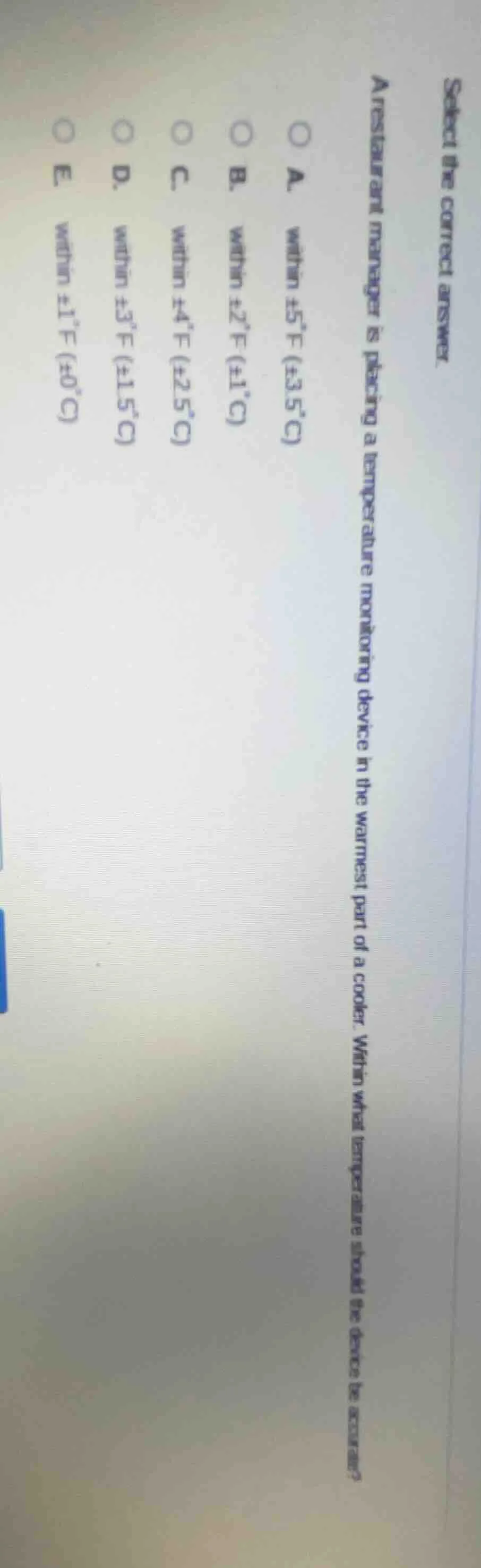 select the correct answer. a restaurant manager is placing a temperatur…