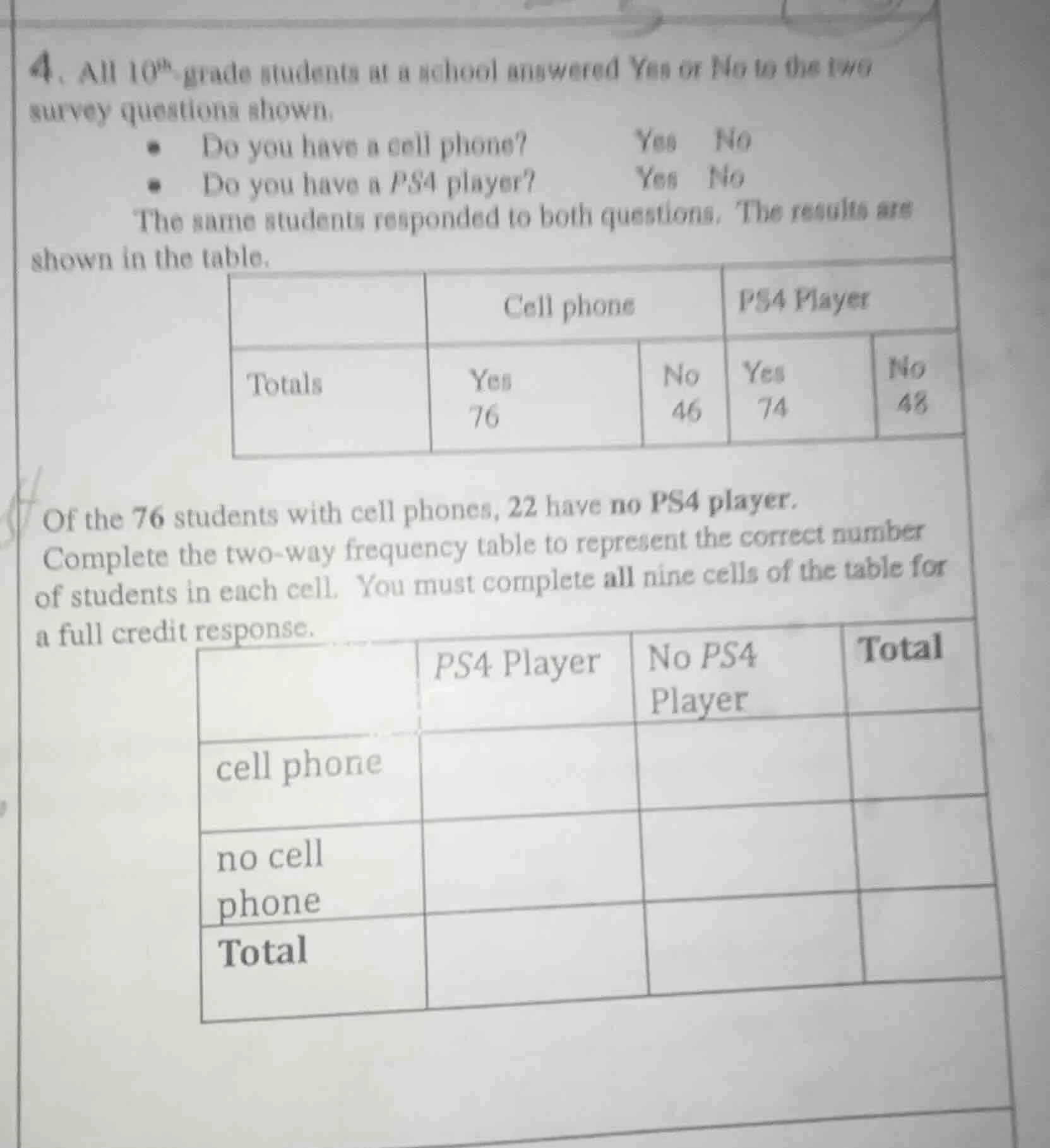 4. all 10th-grade students at a school answered yes or no to the two su…