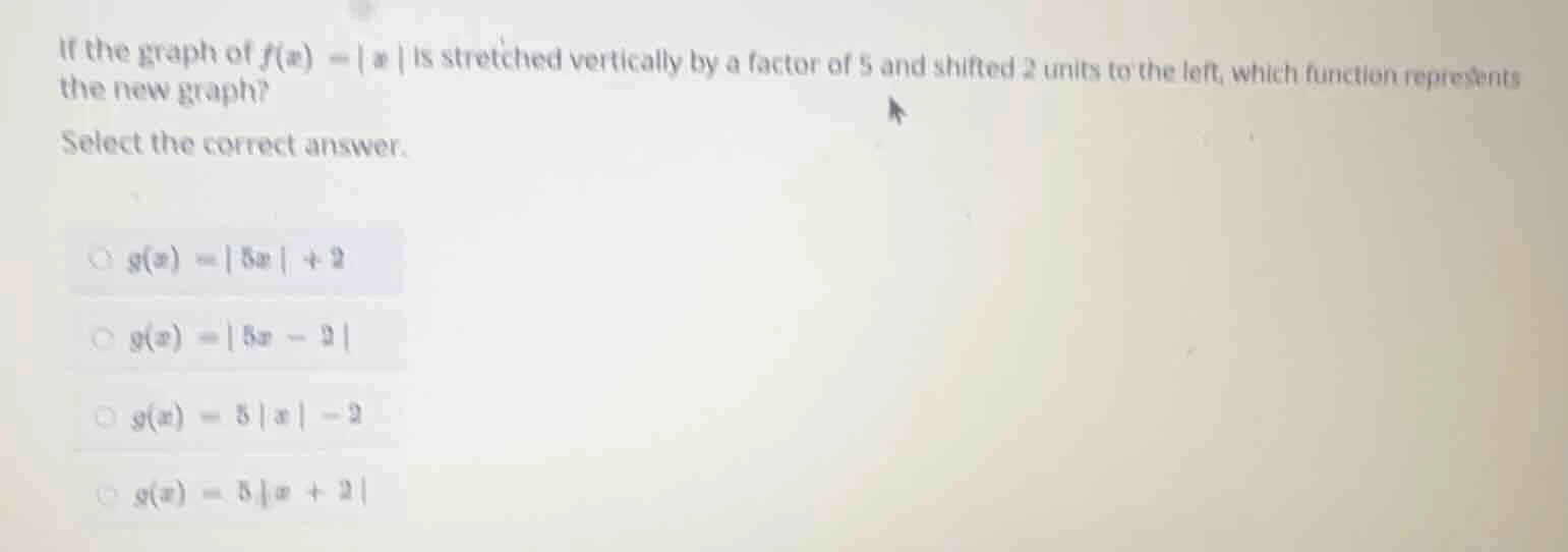 if the graph of $f(x) = |x|$ is stretched vertically by a factor of 5 a…