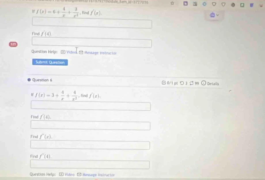 if $f(x)=6+\frac{4}{x}+\frac{3}{x^2}$, find $f(x)$. find $f(4)$. questi…