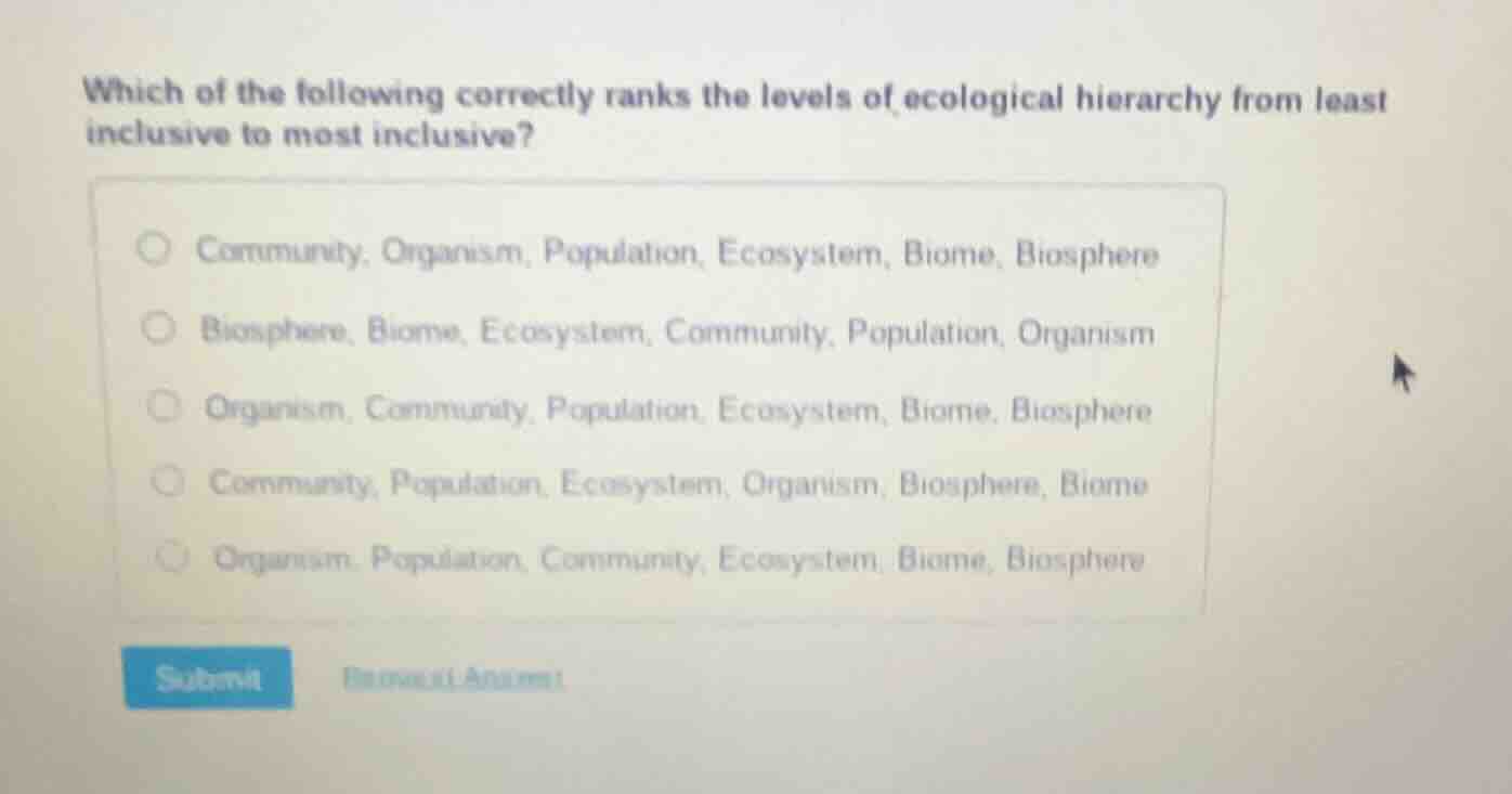 which of the following correctly ranks the levels of ecological hierarc…