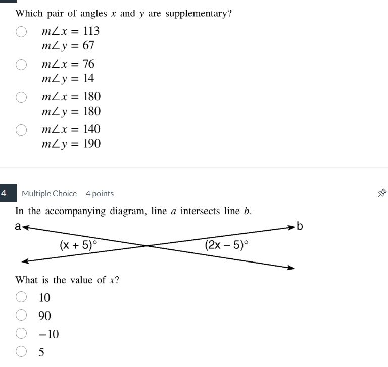 which pair of angles x and y are supplementary? m∠x = 113 m∠y = 67 m∠x …
