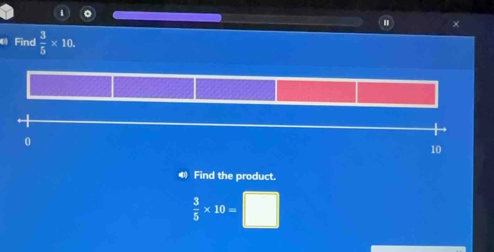 find \\(\\frac{3}{5} \\times 10\\). find the product. \\(\\frac{3}{5} \…