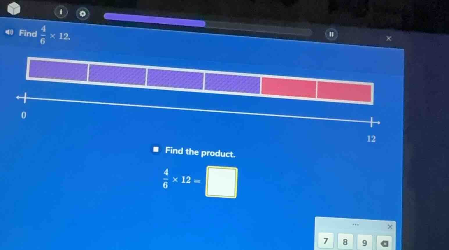 find \\(\\frac{4}{6} \\times 12\\). find the product. \\(\\frac{4}{6} \…