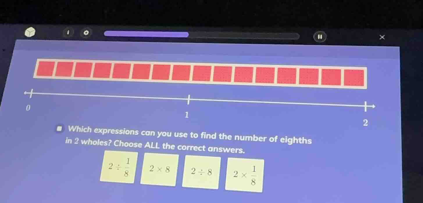 which expressions can you use to find the number of eighths in 2 wholes…