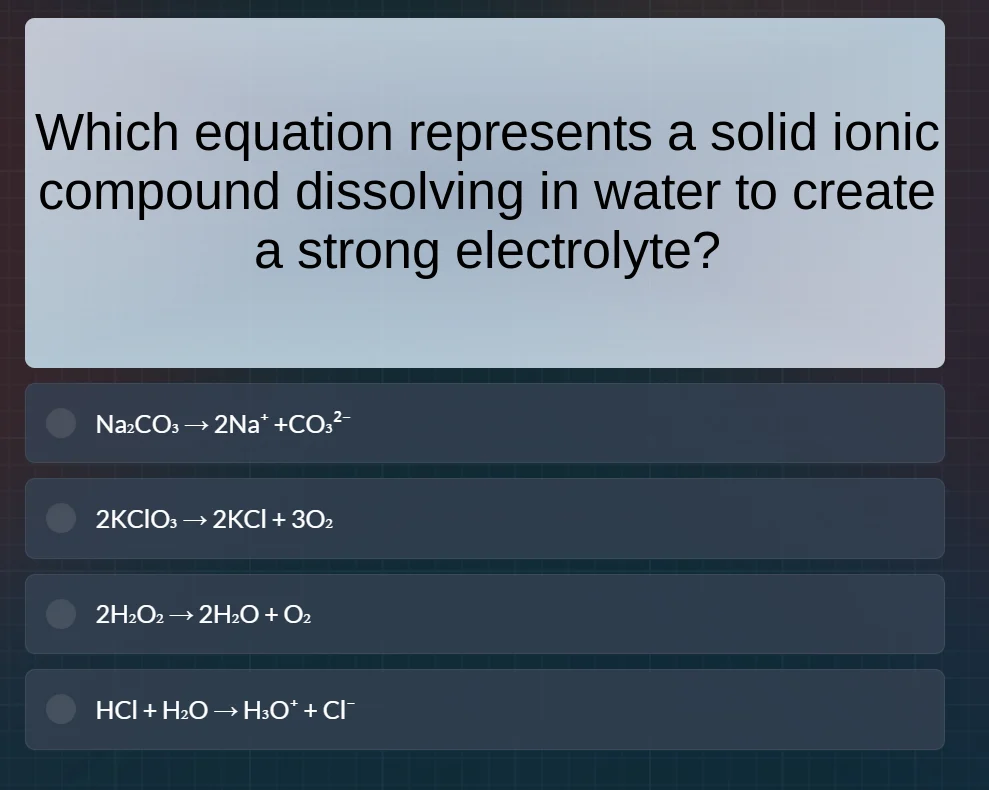 which equation represents a solid ionic compound dissolving in water to…