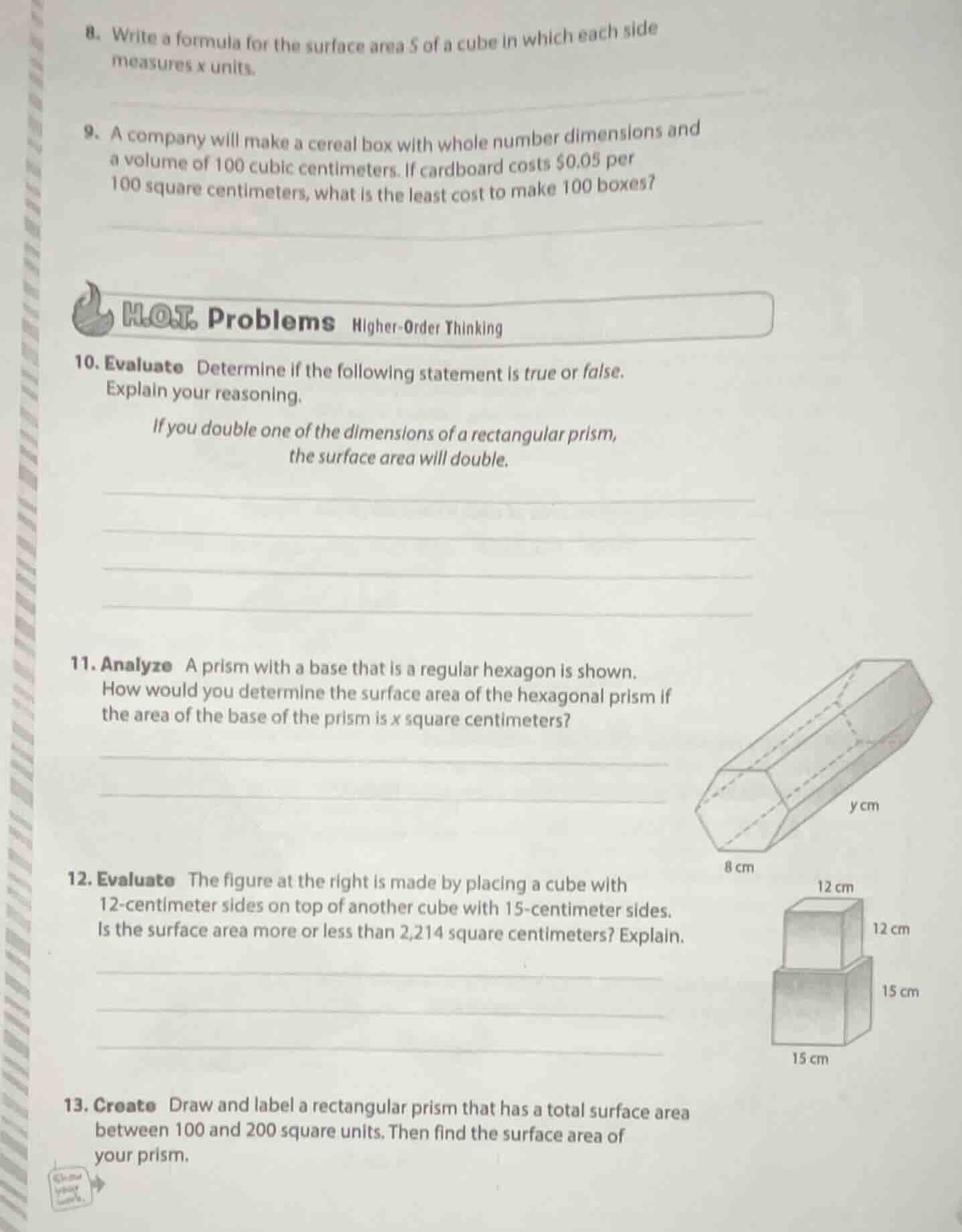 8. write a formula for the surface area s of a cube in which each side …