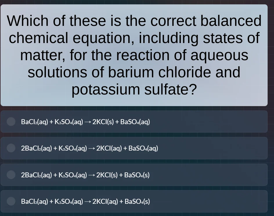 which of these is the correct balanced chemical equation, including sta…