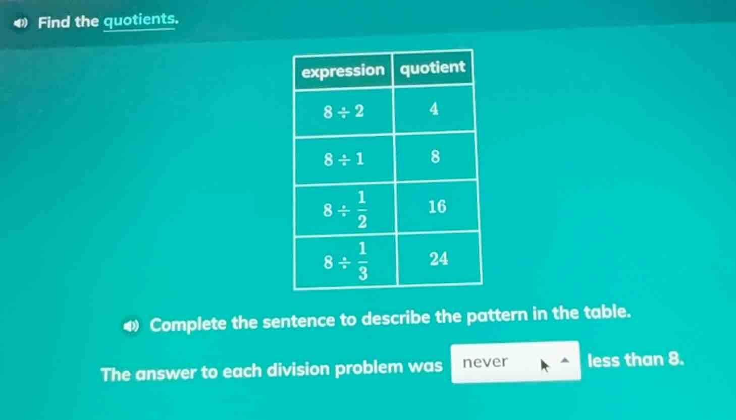 find the quotients. expression | quotient --- | --- $8\\div2$ | $4$ $8\…