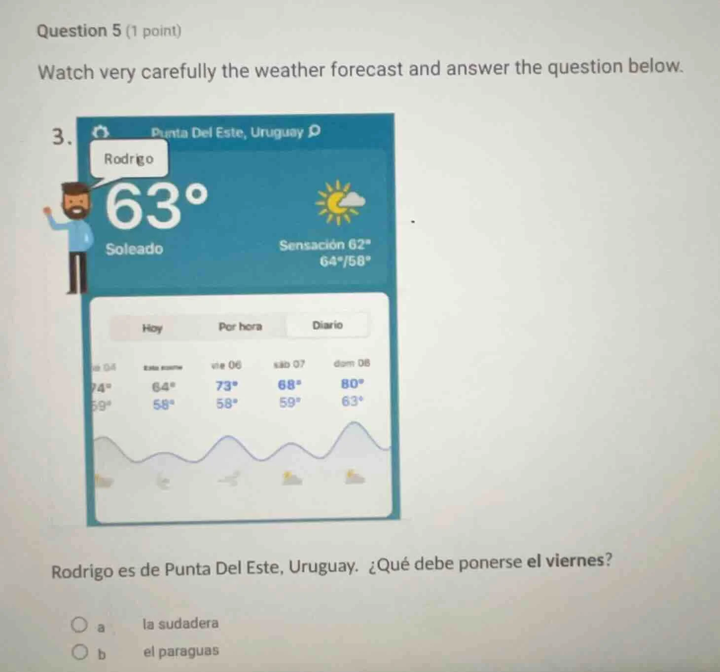 question 5 (1 point) watch very carefully the weather forecast and answ…