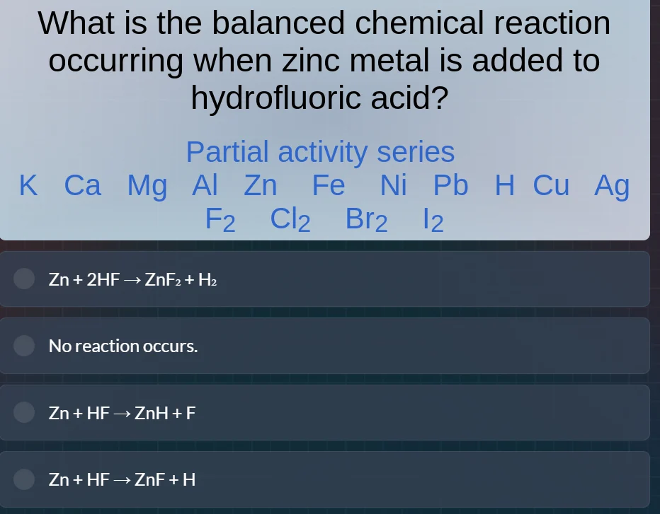 what is the balanced chemical reaction occurring when zinc metal is add…