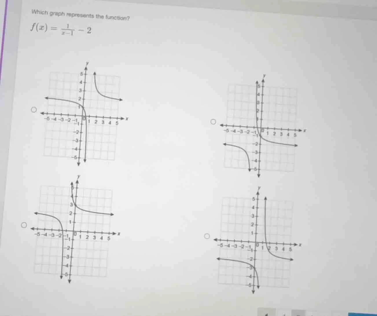 which graph represents the function? $f(x) = \\frac{1}{x - 1} - 2$